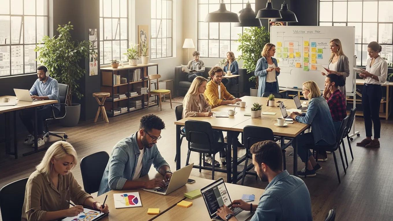 Entrepreneurs collaborating in a vibrant coworking space