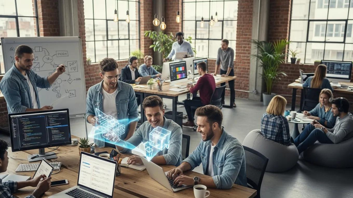 Entrepreneurs collaborating in a vibrant coworking space