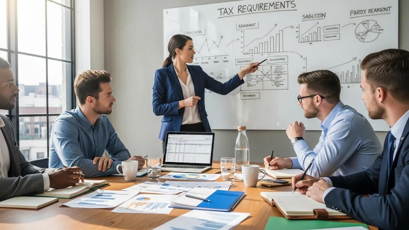 Professionals discussing tax requirements in a collaborative meeting room