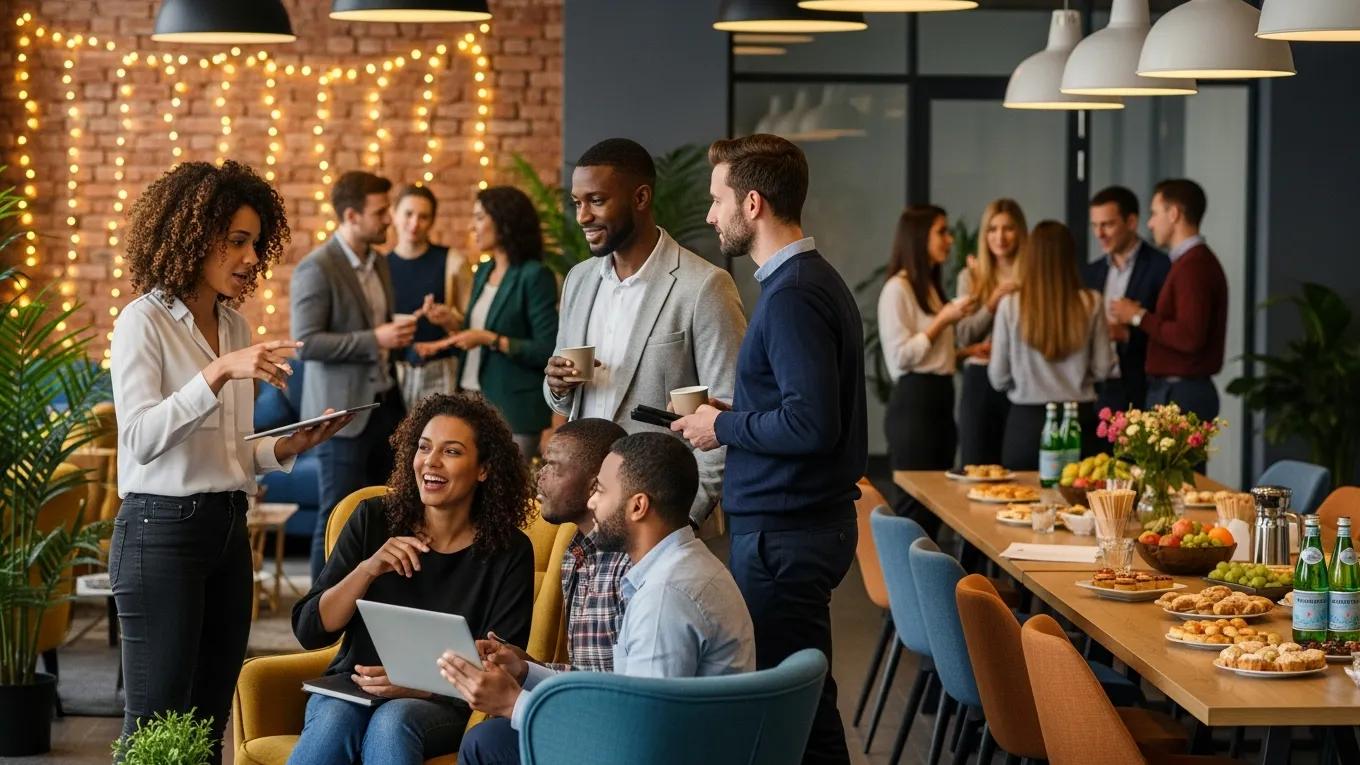 Professionals networking and collaborating in a coworking space, highlighting opportunities for connection and innovation
