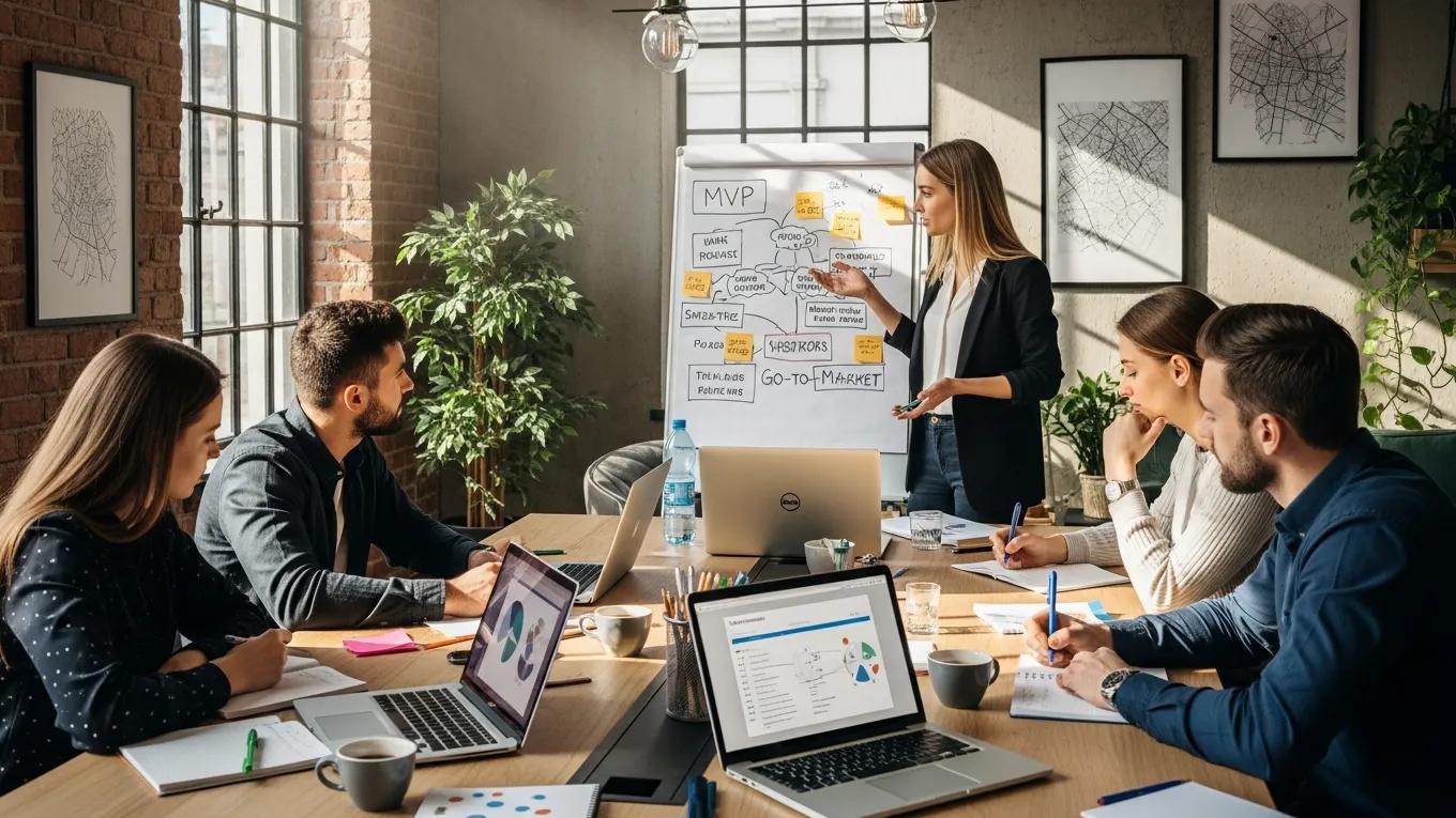 Workshop in a coworking hub in Zagreb with a mentor guiding young entrepreneurs