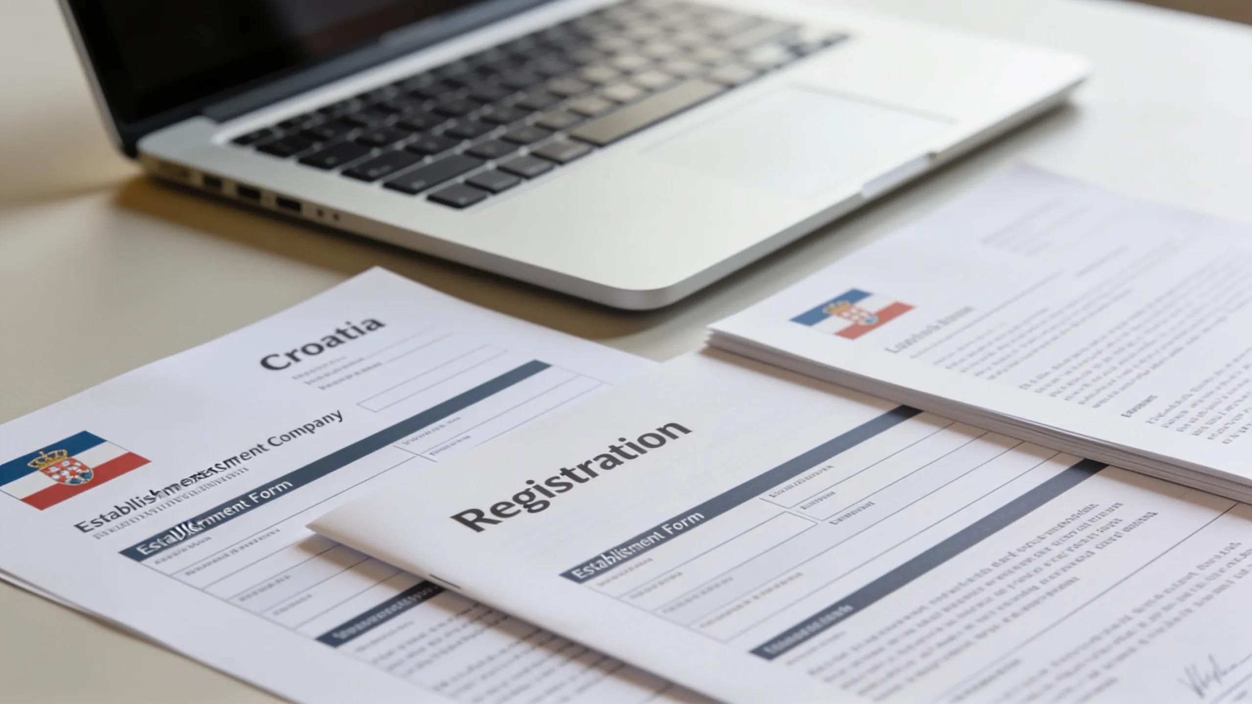 business documents and legal forms on a desk representing registration requirements for starting a company in Croatia