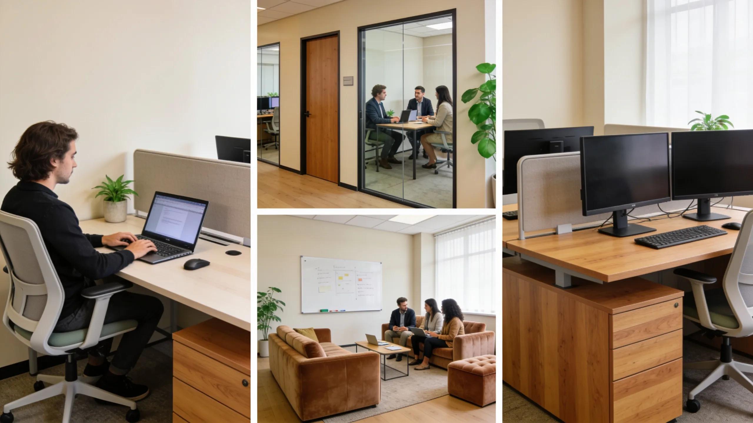 Variety of coworking spaces in Zagreb depicting hot desks, private offices, and collaborative areas