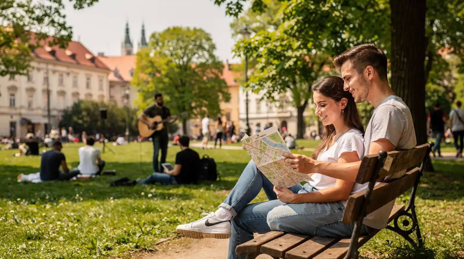 Couple sitting on a park bench in Zagreb, Croatia, studying a map, enjoying free activities
