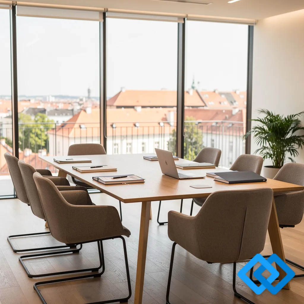 Bright meeting room at Cowork Zagreb featuring a long wooden table, modern chairs